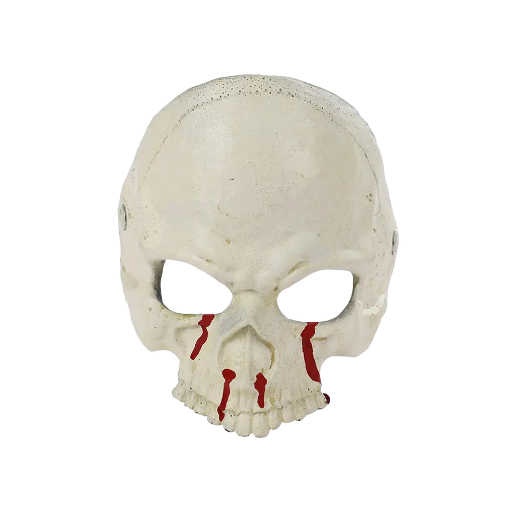 White plastic halloween half face mask featuring red painted tear streaks for bloody skull costume prop