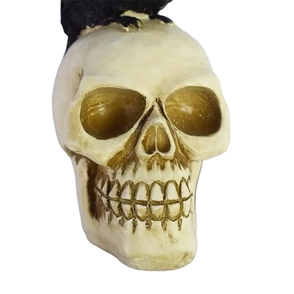 A detailed off-white plastic outdoor light skeleton with brown eye sockets and black wig for halloween holiday lighting