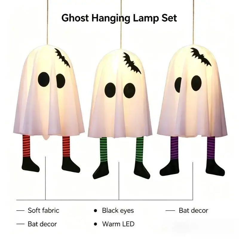 Set of three white ghost-shaped fabric decoration pendant lamps with black eyes and bat decals for halloween party