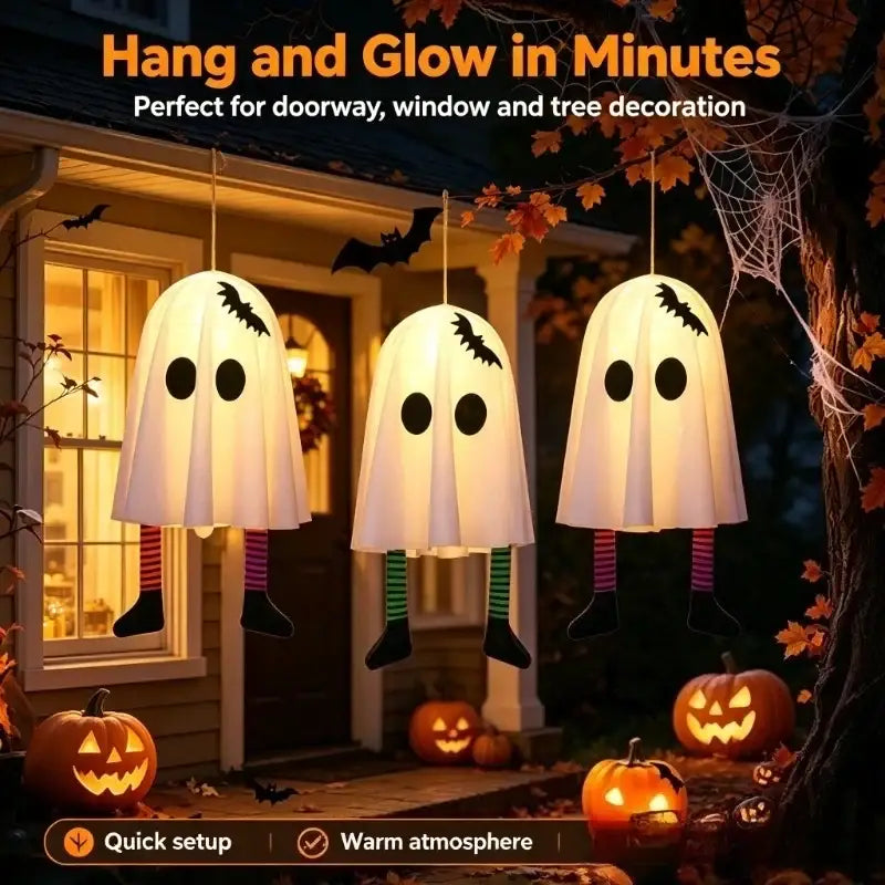 Halloween party decoration pendant featuring three glowing white ghost-shaped pendants with fairy lights and striped legs