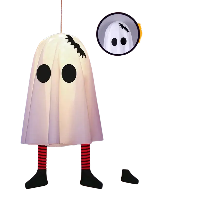 White ghost-shaped halloween party decoration pendant with fairy lights featuring black eyes and striped legs