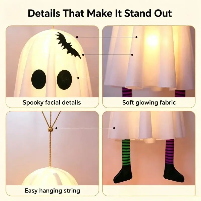 Glowing white ghost-shaped decoration pendant with fairy lights, soft fabric body, and halloween party design details