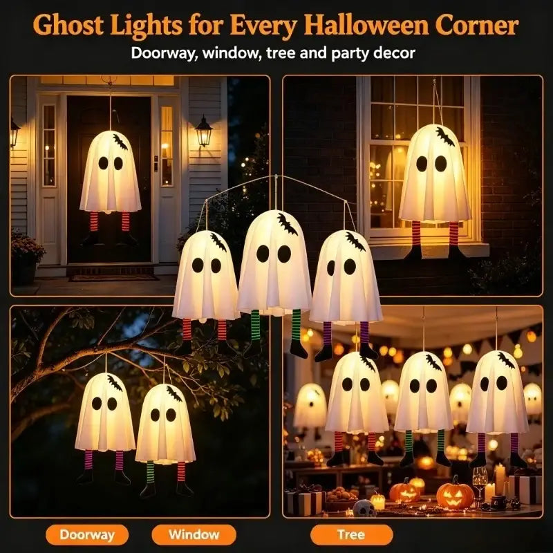White inflatable ghost decoration pendant with black eyes, bat details, and colorful striped legs for halloween party lights