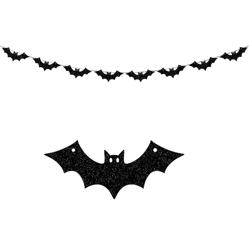 Black glitter bat paper garland banner with sparkly textured surface and cut-out eyes for halloween party decoration
