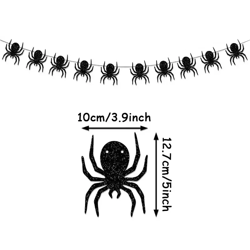 Black glitter paper garland banner with 10cm span and 12.7cm height featuring spiders for halloween party decoration
