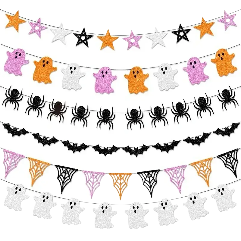 Halloween party glitter paper garland banner featuring pink orange white black and silver ghosts spiders bats and webs