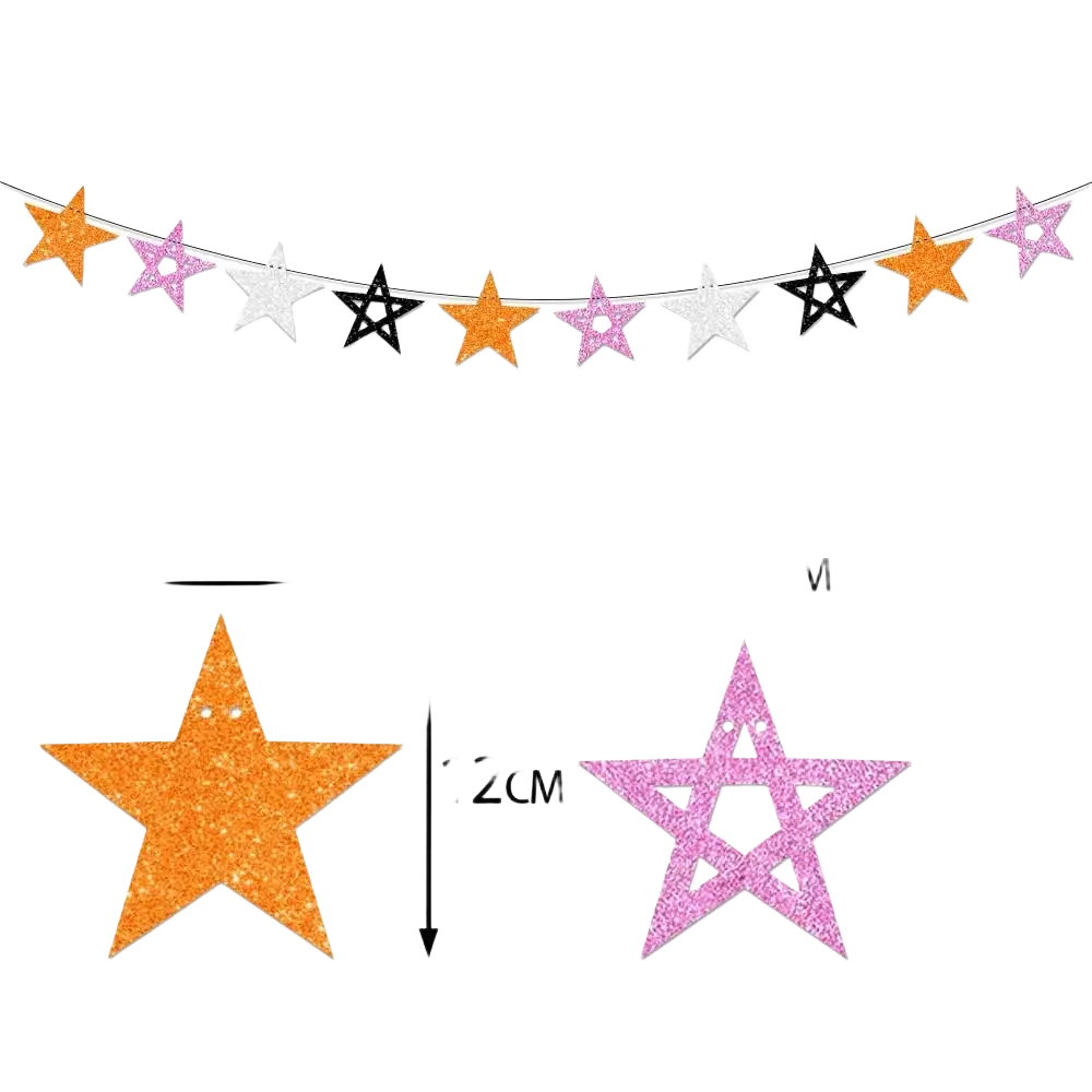 Halloween party glitter paper garland banner with star-shaped decorations in orange pink white and black colors