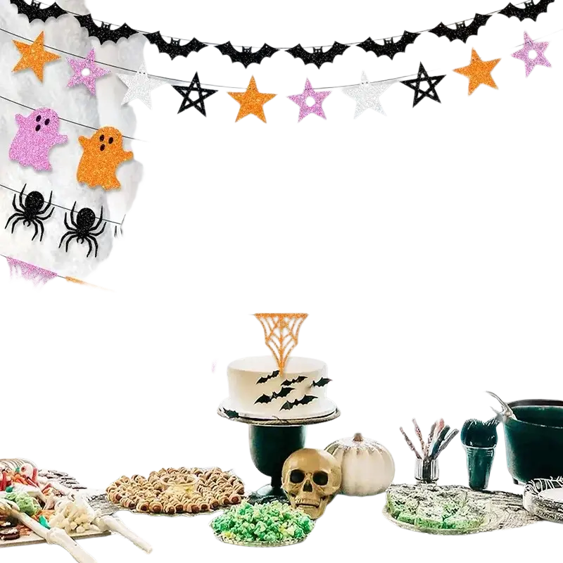 Halloween party glitter paper garland banner with bats ghosts spiders and webs in black pink orange and white colors