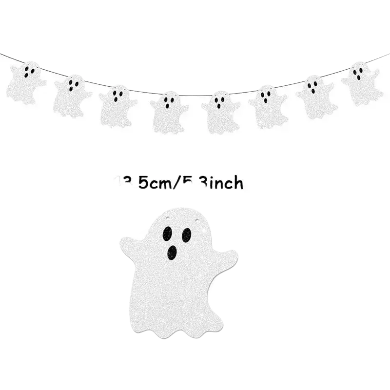 A halloween party glitter paper garland banner featuring white glittery ghost cutouts with black eyes and mouths