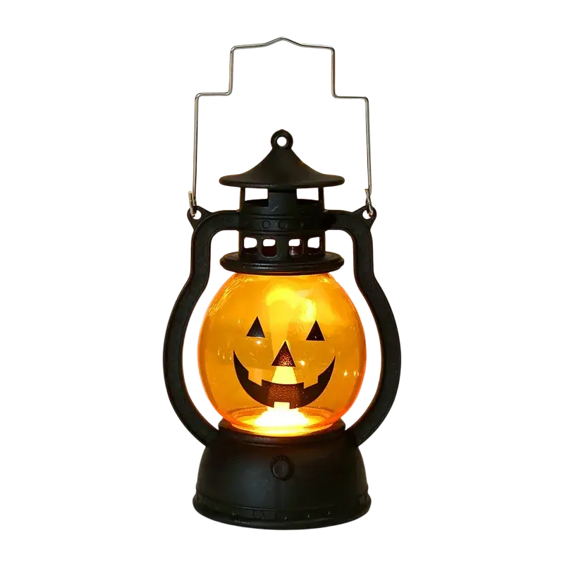 Black plastic halloween party lantern with glowing orange jack o lantern face for halloween party decor
