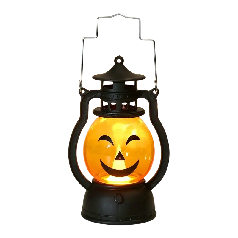 Black plastic halloween party lantern with glowing orange jack o lantern face for halloween party decor