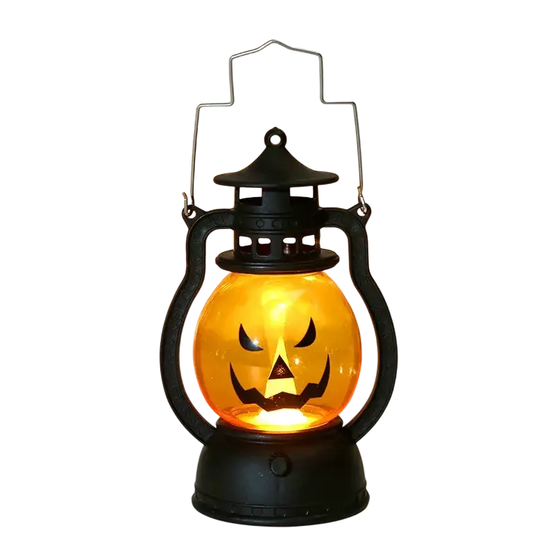 Black plastic halloween party lantern with glowing orange jack o lantern face design for halloween party use