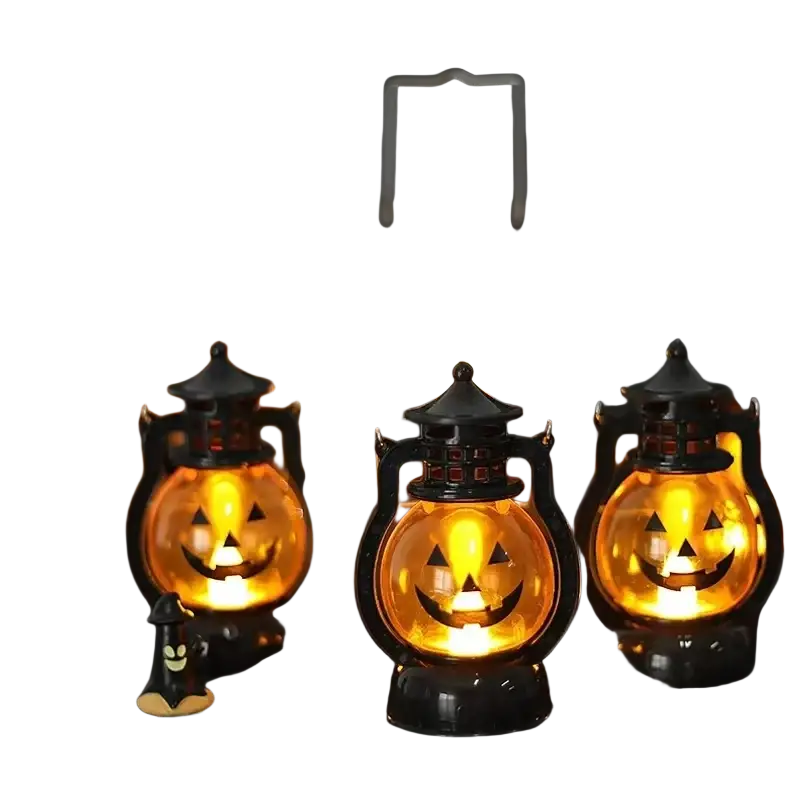 Black plastic halloween party lanterns with glowing orange jack o lantern faces for halloween party decor
