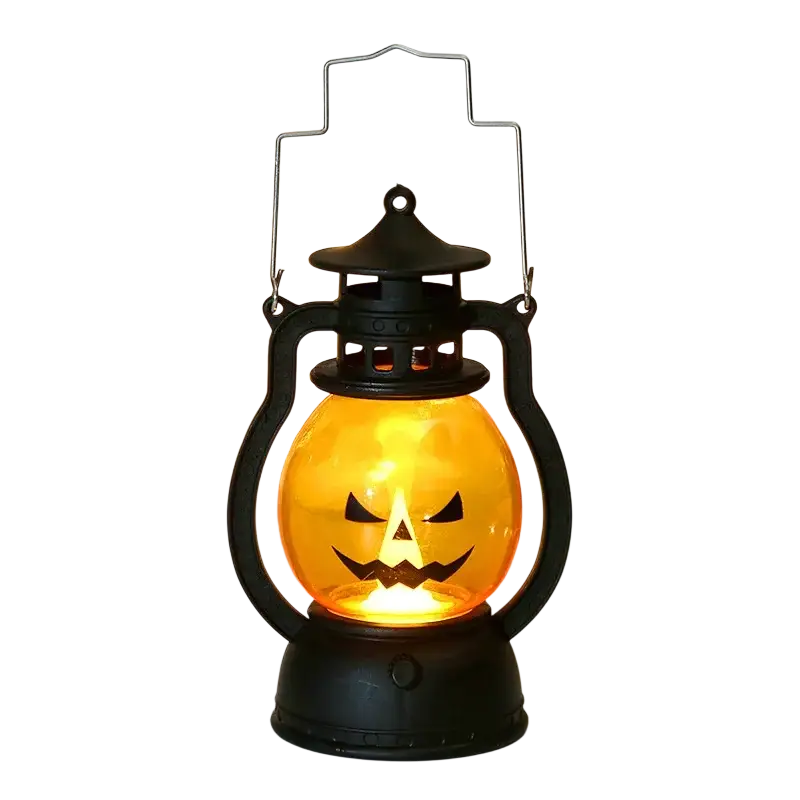 Black plastic halloween party lantern with glowing orange glass globe and carved jack o lantern face for halloween party