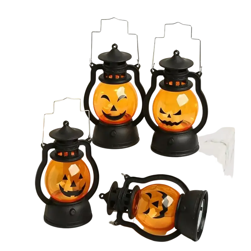 Black plastic halloween party lanterns with glowing orange jack o lantern faces for halloween party decor