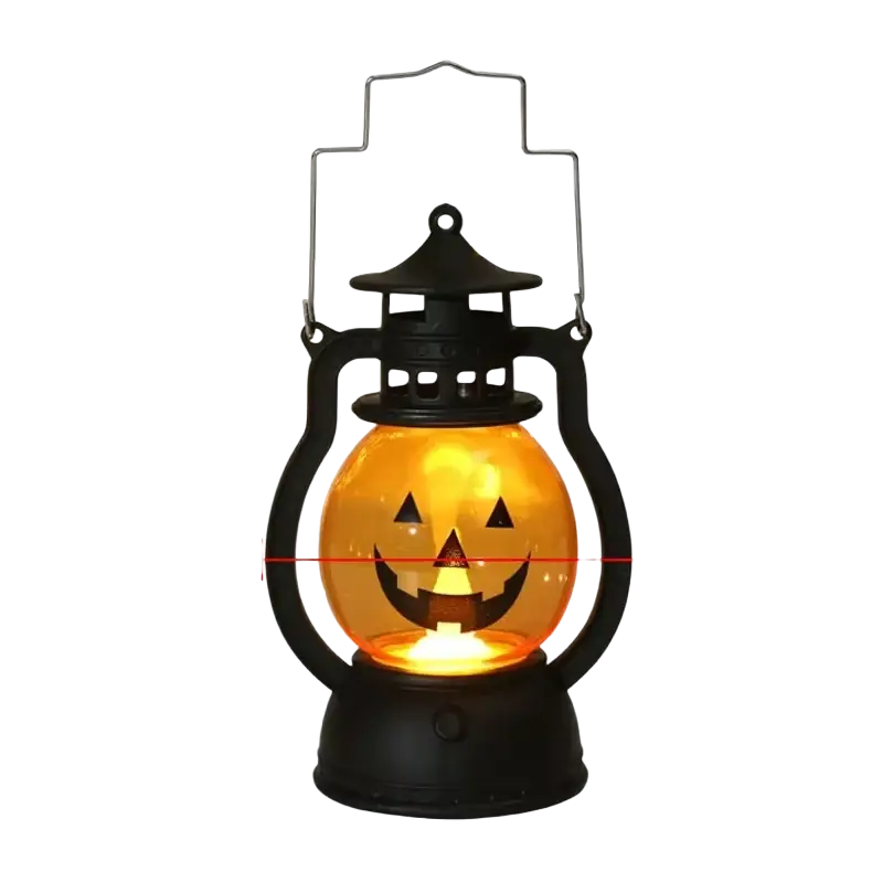 Black plastic halloween party lantern with glowing orange jack o lantern face design for party halloween use