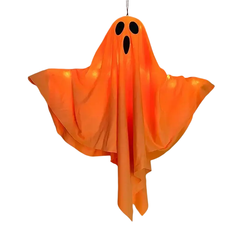 Orange glowing halloween party led hanging ghost decoration with black cutouts made of lightweight fabric from mainland china