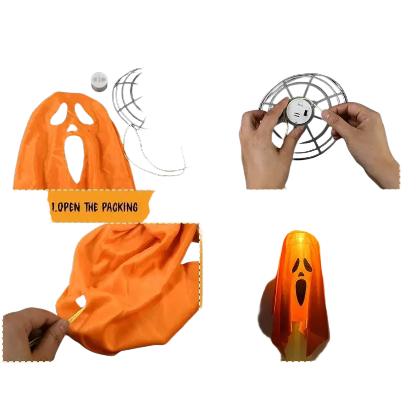 Orange inflatable ghost halloween party led glowing decoration with black face and white led light from mainland china