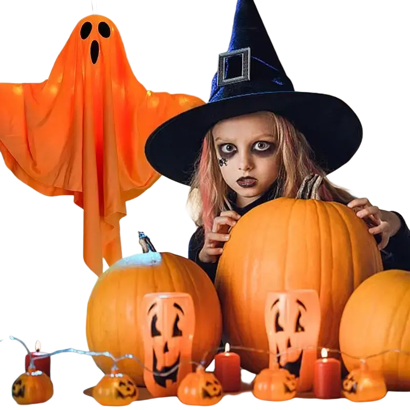 Orange halloween pumpkin with carved jack-o-lantern face and glowing candle inside for halloween party decoration in mainland china