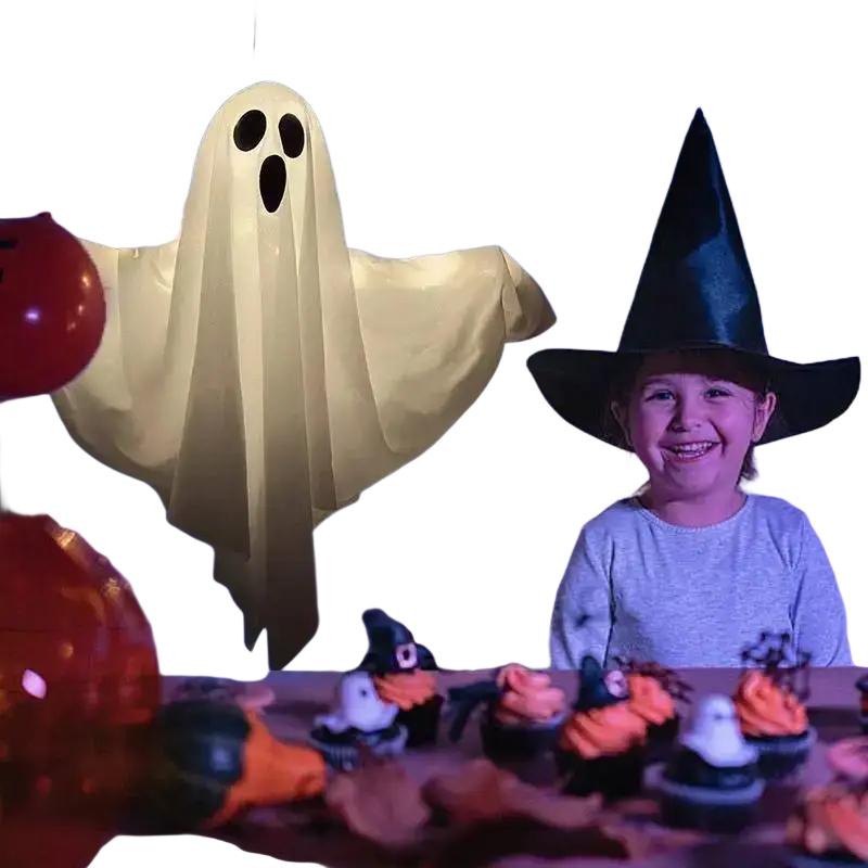 A translucent glowing white led ghost decoration with black cutouts for eyes and mouth ideal for halloween party in mainland china