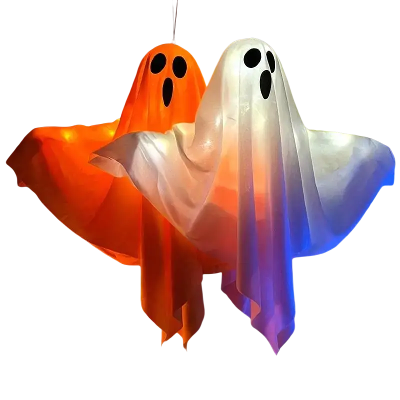 Two glowing halloween party led ghost decorations in orange and white translucent fabric with black cutouts from mainland china
