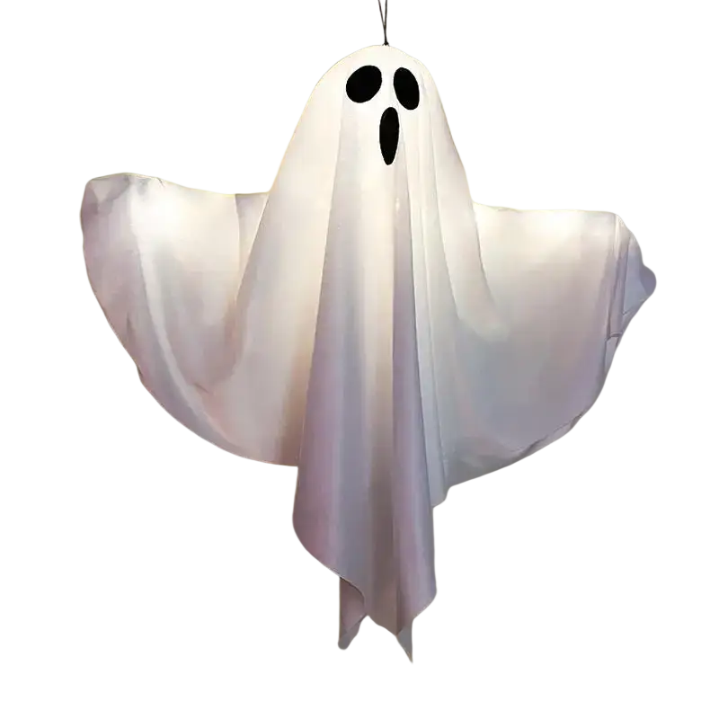 White translucent fabric halloween party led glowing ghost hanging decoration with black eye and mouth cutouts from mainland china
