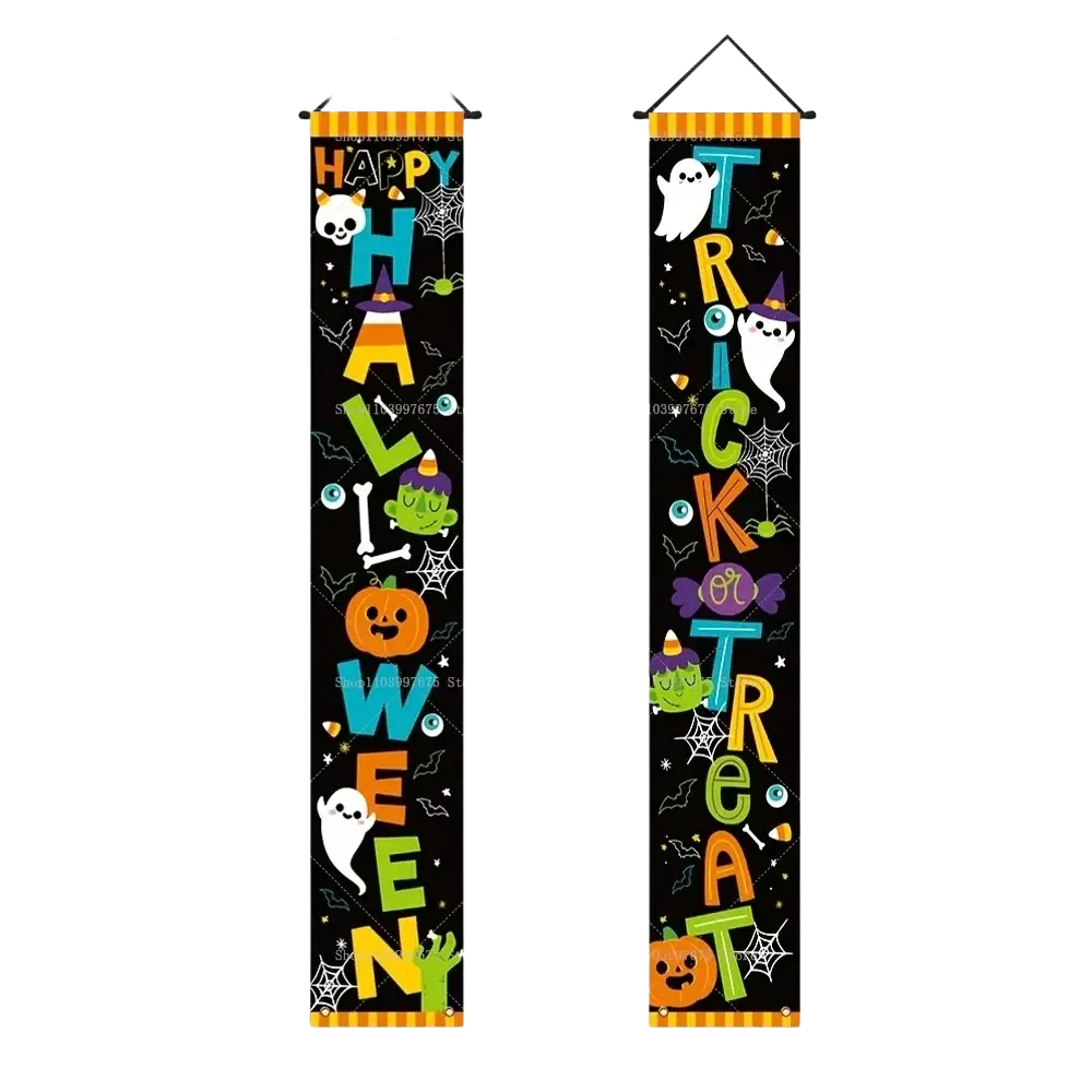 Black halloween porch sign banner with colorful happy halloween and trick or treat lettering and festive illustrations