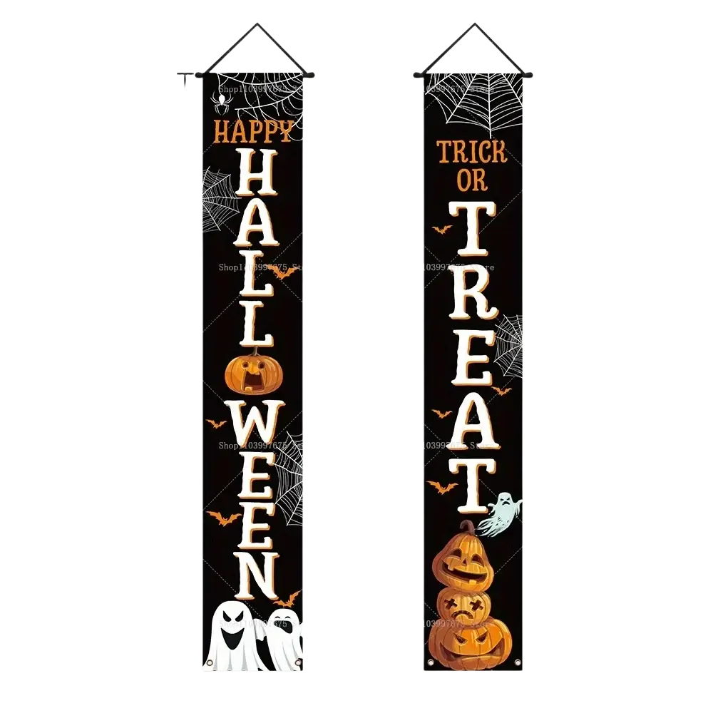 Black halloween porch sign trick or treat banner with orange and white lettering spiderwebs pumpkins ghosts and bats