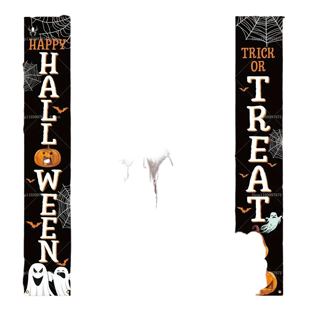 Black halloween porch sign trick or treat banner with white text featuring orange pumpkins ghosts bats and spiderwebs