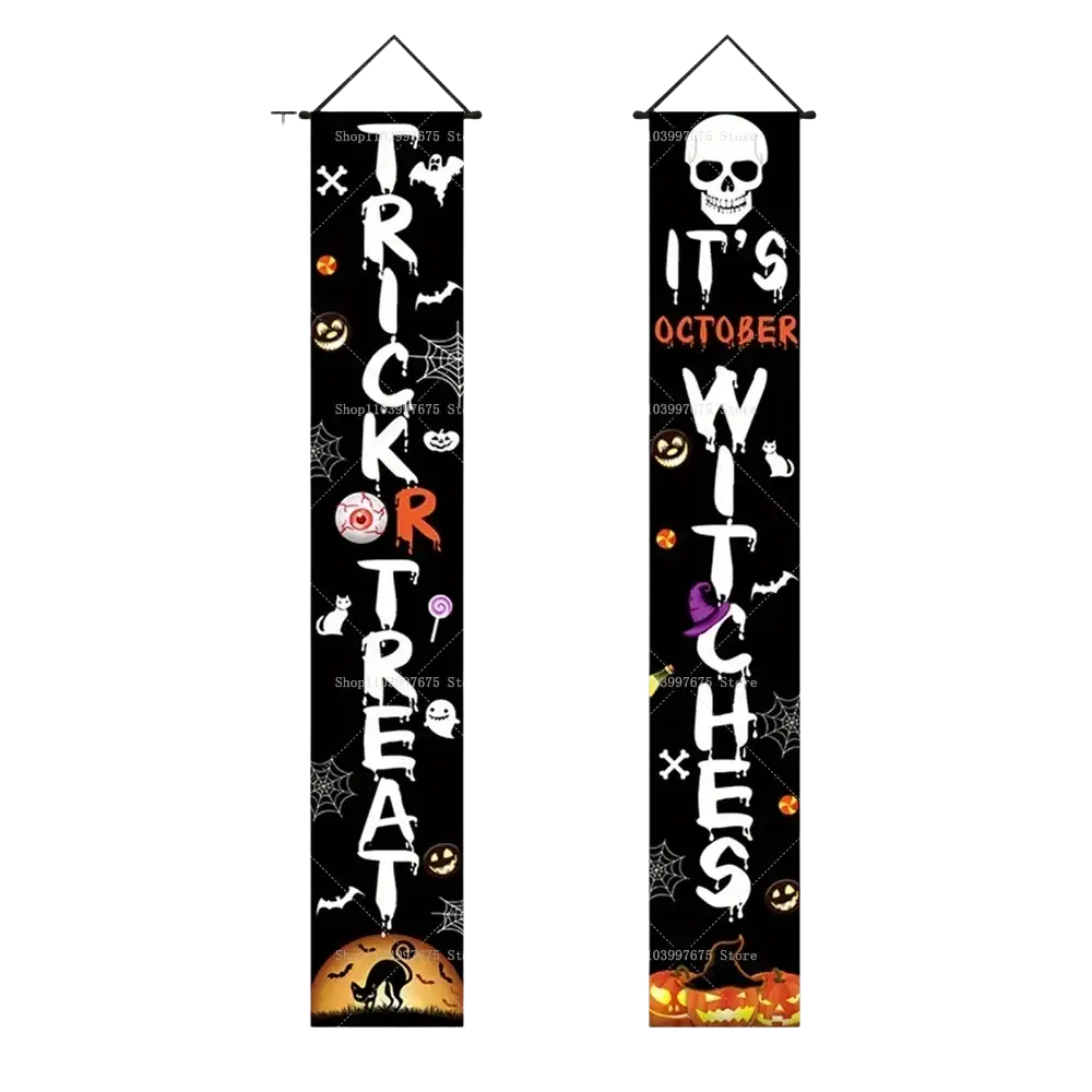 Black halloween porch sign trick or treat banner with hanging panels featuring white orange and purple spooky graphics