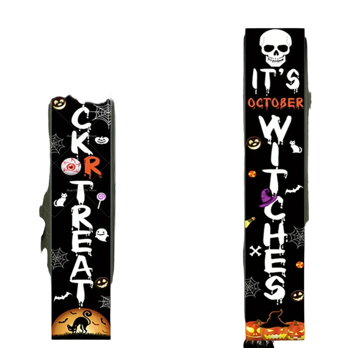 Black halloween porch sign trick or treat banner with white and orange text and spooky skull bats pumpkins spiders graphics