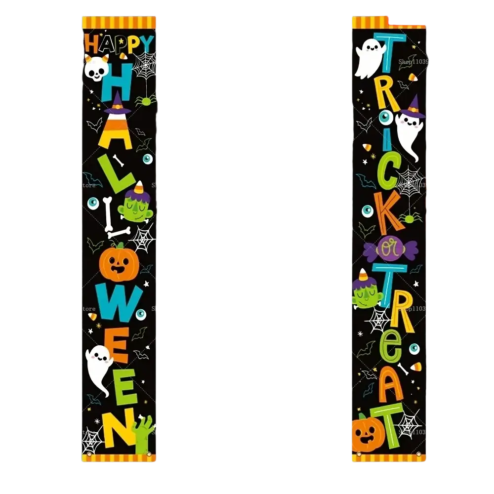 Black halloween porch sign trick or treat banner with colorful lettering and cartoon ghosts pumpkins spiders skulls