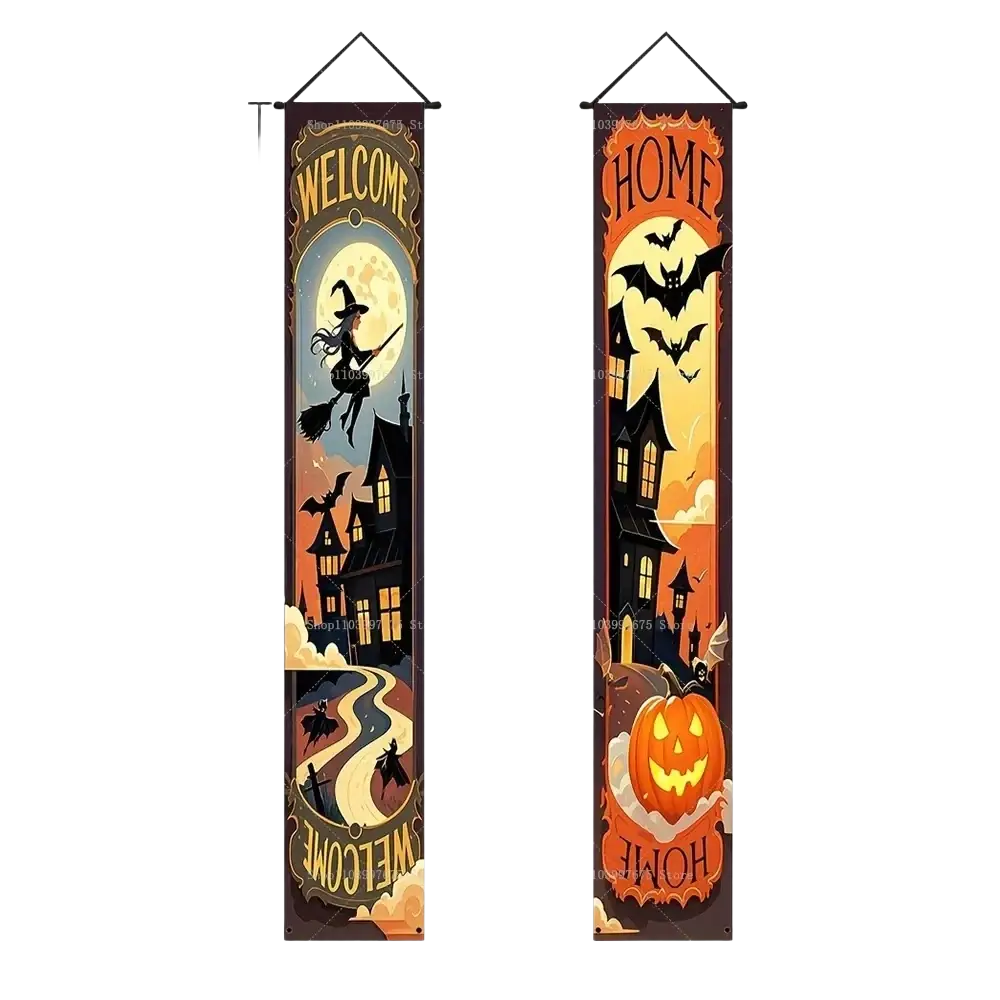 Halloween porch sign trick or treat banner with welcome and home hanging banners featuring witches bats pumpkins and haunted houses in orange black and brown tones