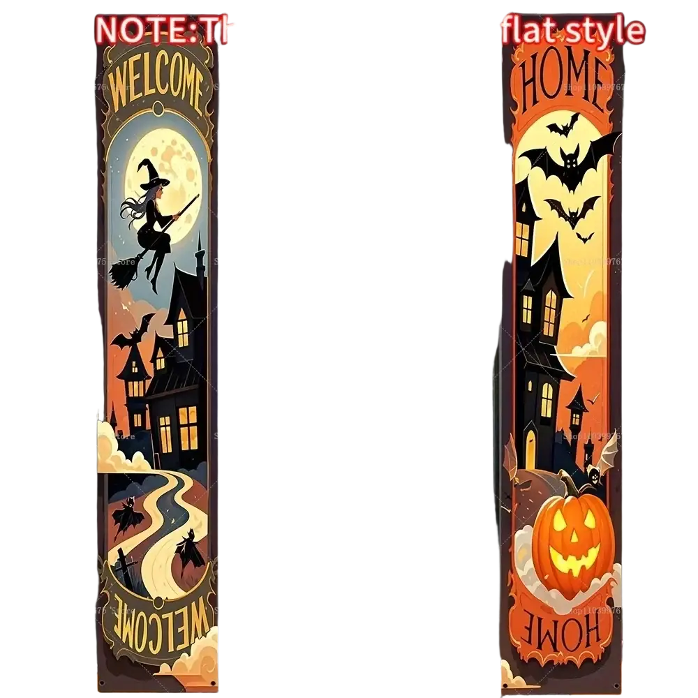 Halloween porch sign trick or treat banner featuring witch bats pumpkins and haunted houses in orange black and yellow tones