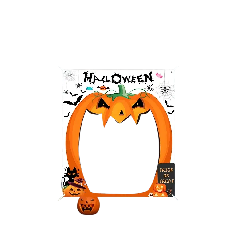 Orange pumpkin-shaped halloween door banner made of polyester with black spiders and bats printed for photo backdrop use