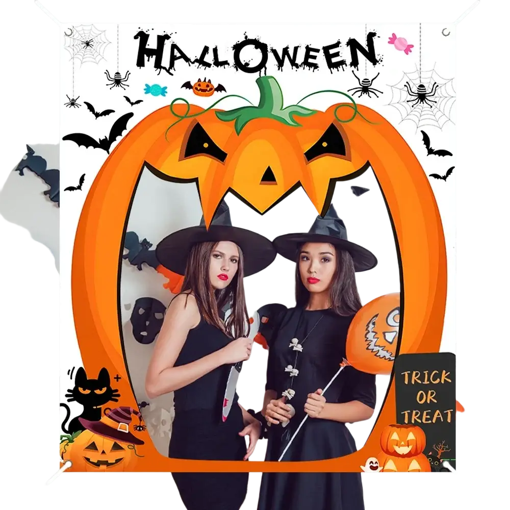 Orange polyester halloween pumpkin door banner photo backdrop with black witch hats and spooky decorations