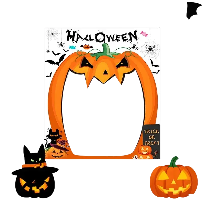 Orange polyester halloween pumpkin door banner with bats, spiders, and trick or treat photo frame design