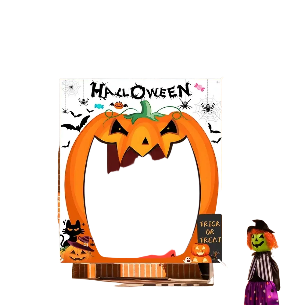 Orange polyester halloween pumpkin door banner with black bats spiders and smiling face design for photo backdrop