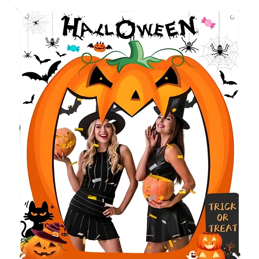 Orange pumpkin-shaped polyester photo frame with black spiderweb and bat decorations for halloween door banner