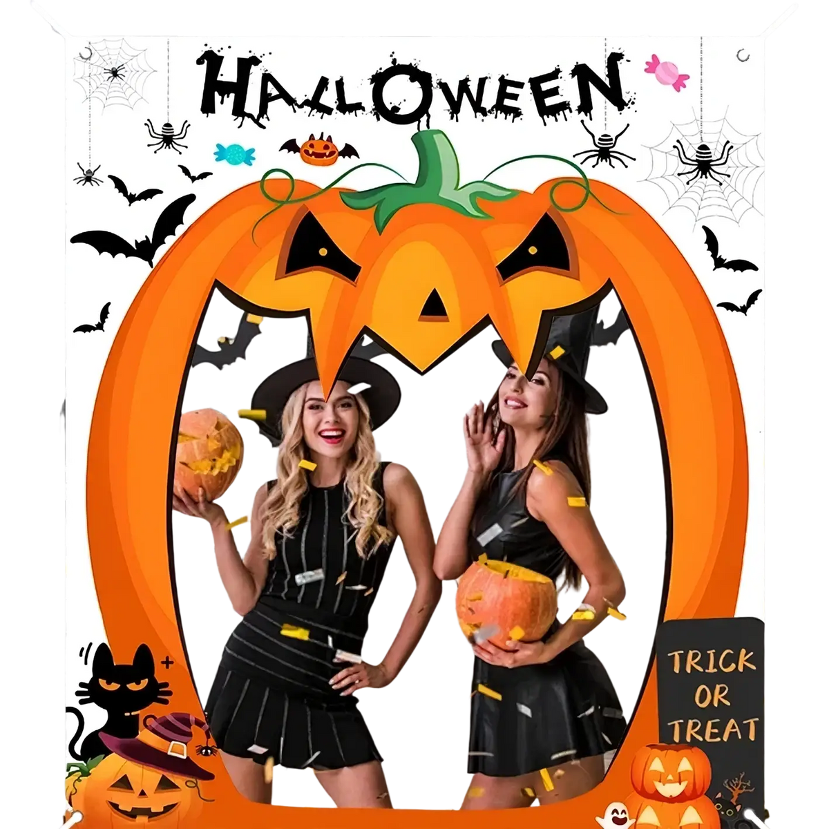 Orange pumpkin-shaped polyester photo frame with black spiderweb and bat decorations for halloween door banner