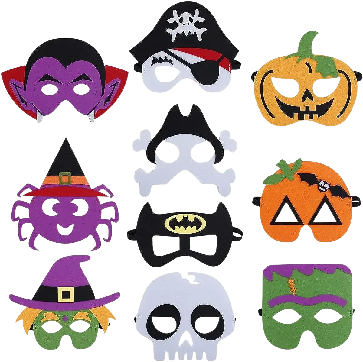 A collection of colorful halloween pumpkin ghost diy foam masks featuring vampire pirate witch and frankenstein designs