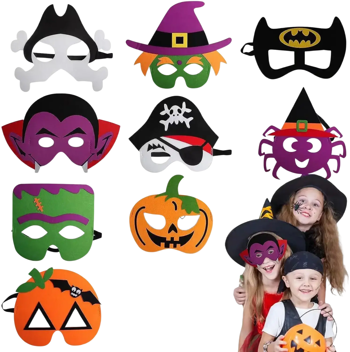 A collection of colorful halloween pumpkin ghost diy foam masks featuring vampire witch pirate pumpkin and skull designs