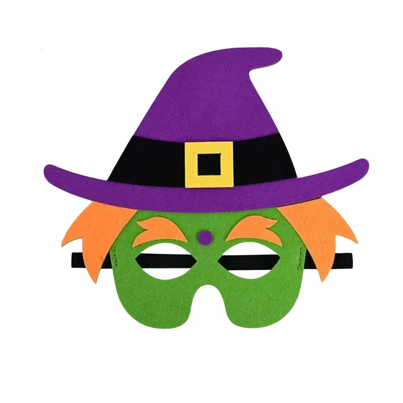 A green witch mask with a purple hat black band and yellow buckle for halloween pumpkin ghost diy party costume