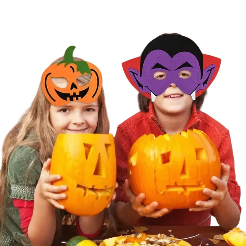 Children wearing halloween masks hold orange halloween pumpkin ghost diy felt pumpkins with triangular eyes and jagged mouths