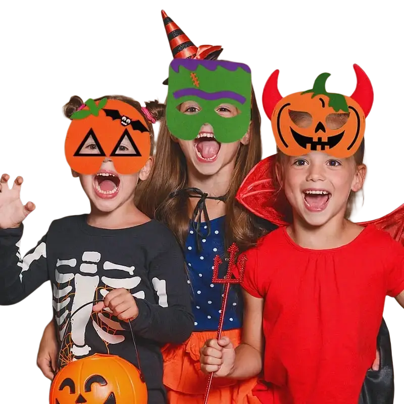 Orange pumpkin-shaped halloween pumpkin ghost diy mask with black eyes and smiling mouth made of paper for party costume