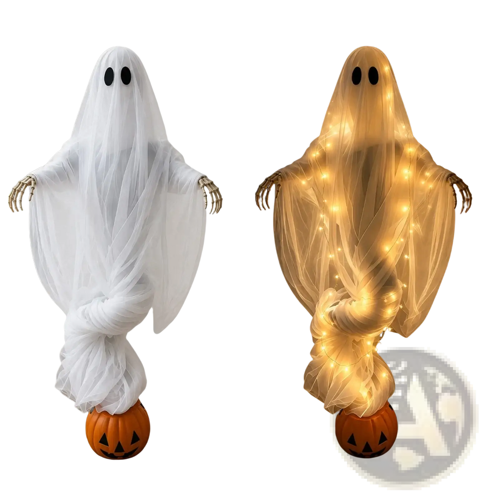 White translucent ghost light with black eye holes and skeletal hands on carved pumpkin base for outdoor yard decoration