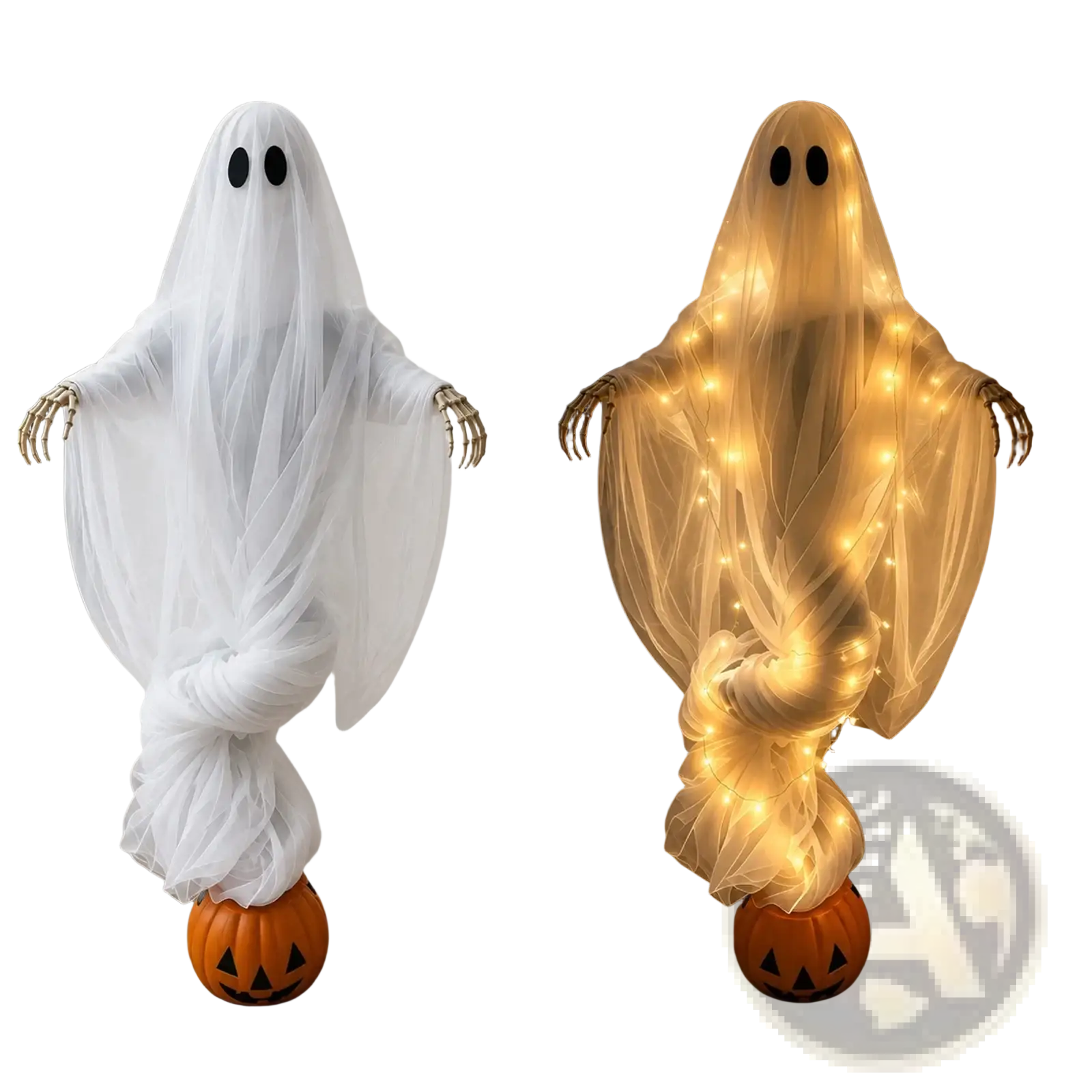 White translucent ghost light with black eye holes and skeletal hands on carved pumpkin base for outdoor yard decoration