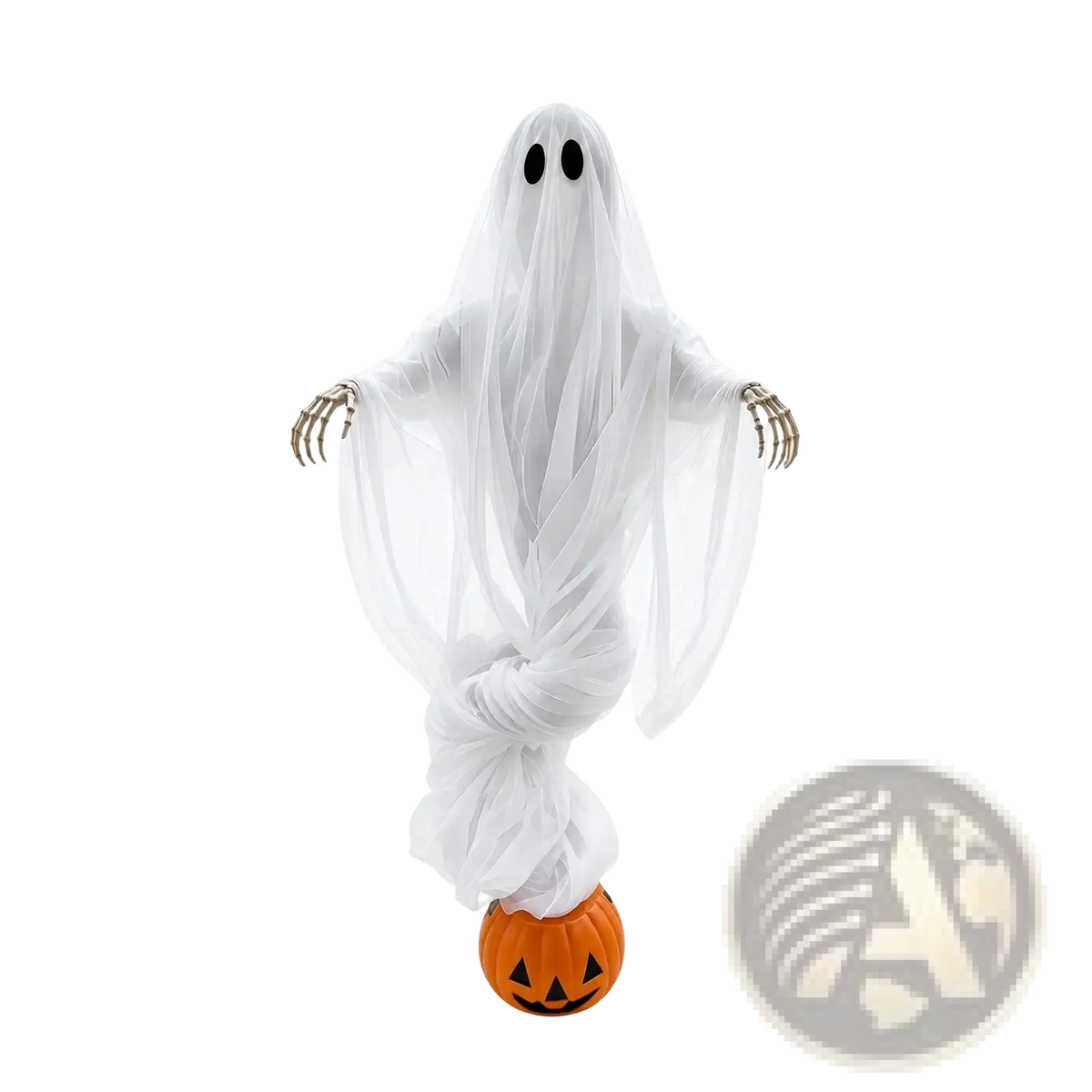 Halloween pumpkin ghost light featuring a white translucent figurine with black eyes and skeletal hands on orange base
