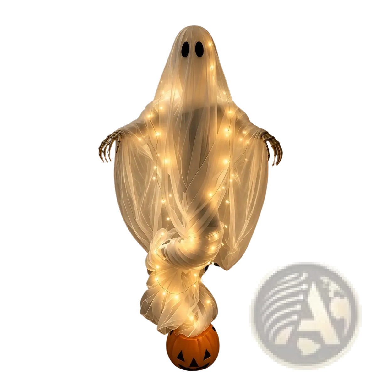 A glowing white ghost yard decoration with black eyes and string lights standing on a carved orange pumpkin for halloween
