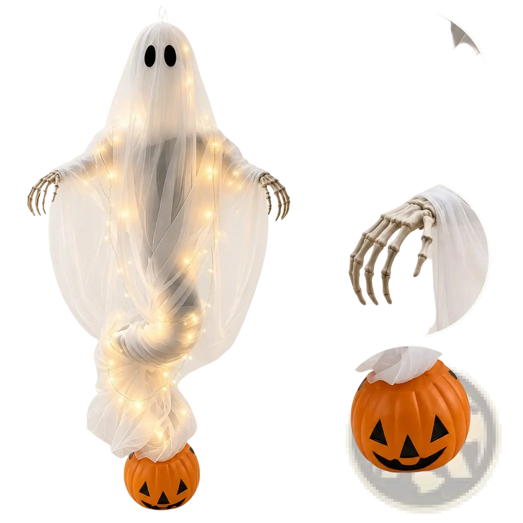 Halloween pumpkin ghost light outdoor yard decoration with translucent white ghost, glowing string lights, and skeletal hands